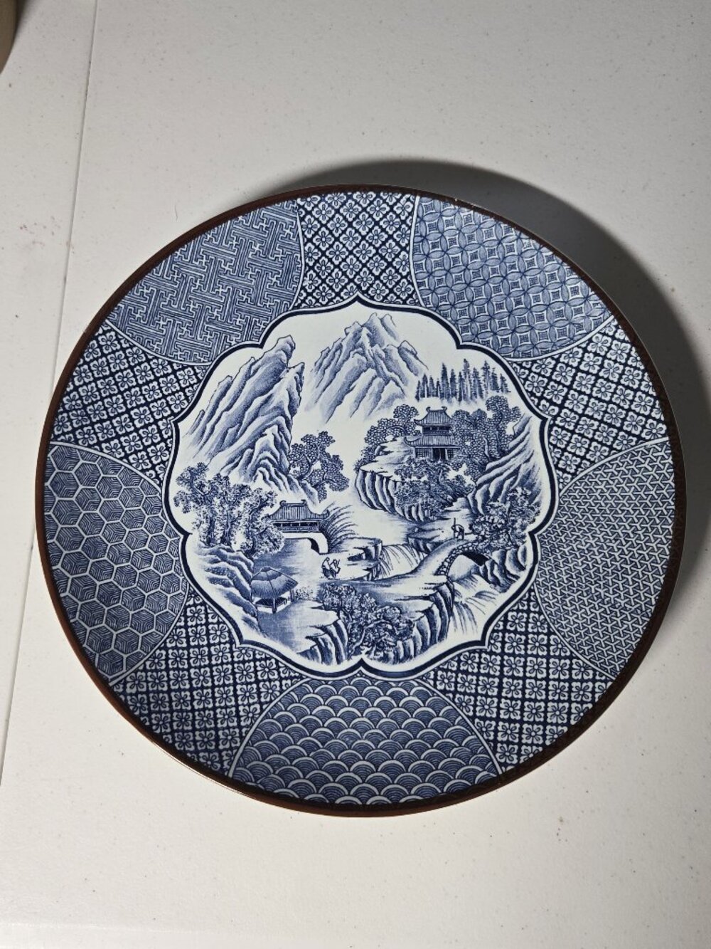 Vintage Japanese Arita blue / white porcelain Sansui landscape 12 inch platter